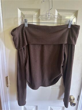 Off-Shoulder Ribbed Brown Women's Sweater and Pants Set